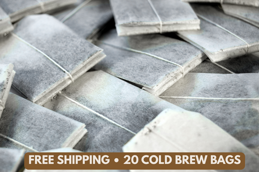 Stack of cold brew coffee bags with promotional text overlay