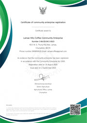 Certificate of community enterprise registration with green and blue design elements.